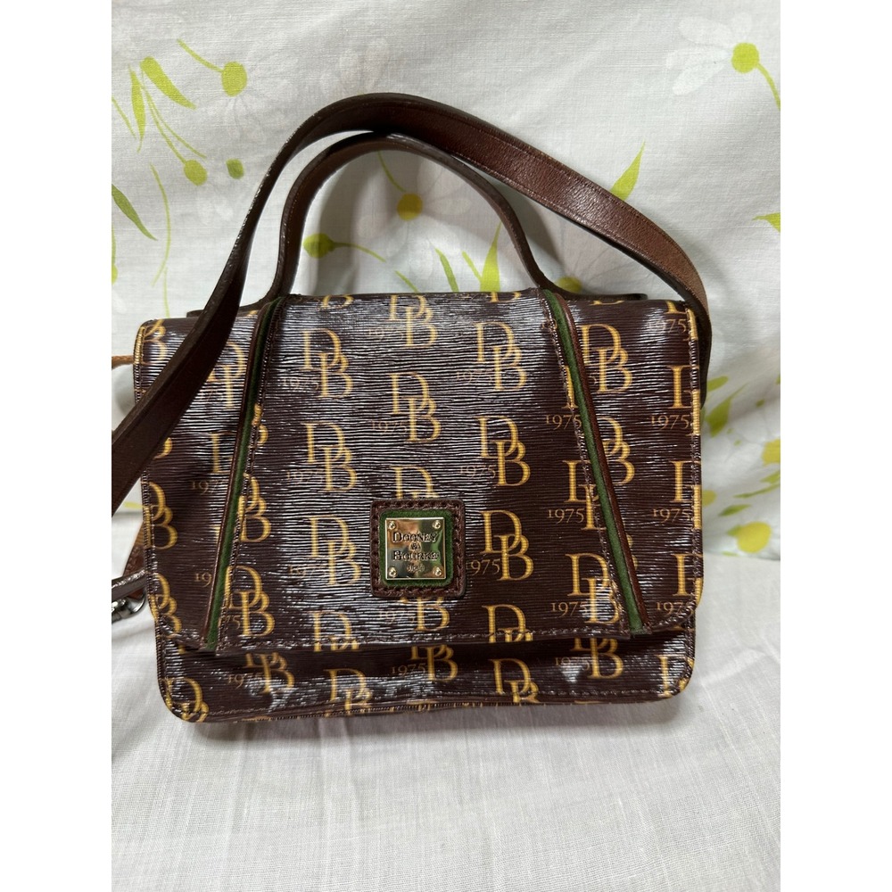 Dooney & Bourke DB 1975 Monogram Crossbody Bag Brown Coated Canvas Flap Purse